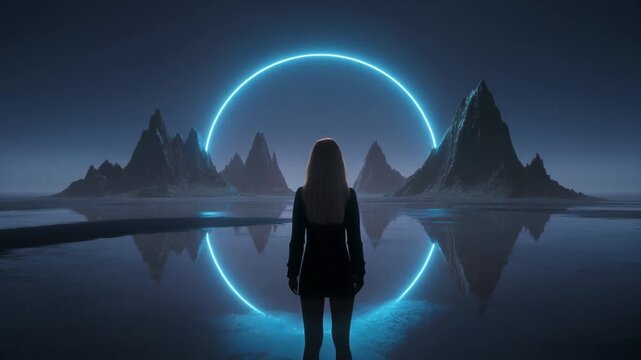 A cinematic back-view shot of a woman standing on a mysterious island under the night sky, illuminated by glowing ring lines floating above her. The surreal scene blends fantasy, mystery, and sci-fi.