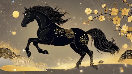 黒い馬が金色の波模様の背景を駆ける午年お正月の幻想的な壁紙背景