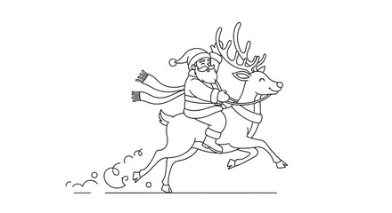 Fototapeta premium Santa Claus rides a festive reindeer in a cheerful, energetic black and white line art illustration, perfect for holiday themes and designs.