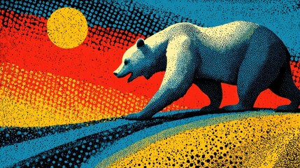 vintage pop art reflection, reinterpretation of the california bear flag in vintage comic style with visible cmyk print dots, bold mid-century colors, and pop-art vibe