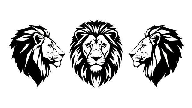 A set of powerful male lion head illustrations in black and white. Includes front view and side profiles, perfect for a mascot or emblem design