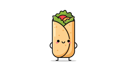 A cute and happy cartoon burrito character, freshly prepared with vibrant green lettuce and red tomato, standing on a clean white background.