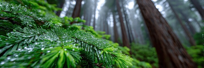 Obraz premium redwood forest rainfall, california redwood forest in heavy rain, mist rising among towering trees, soft natural light filtering through wet foliage, glistening leaves, detailed droplets, tranquil