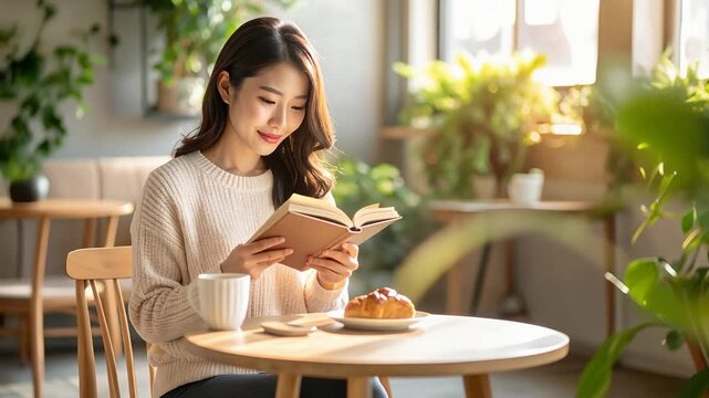 窓から差し込む明るい日差しの中で若いアジア人女性がパンとコーヒーを楽しみながら本を読んでいるリラックスした光景