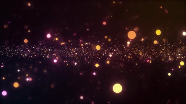 Abstract background of sparkling gold and pink glitter particles with vibrant bokeh lights against a dark backdrop