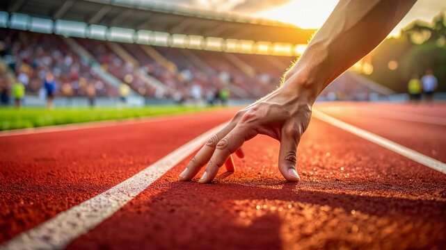 夕日が差し込む陸上競技場でスタートラインに立つ男性アスリートの力強い手元がクローズアップされた躍動感ある瞬間