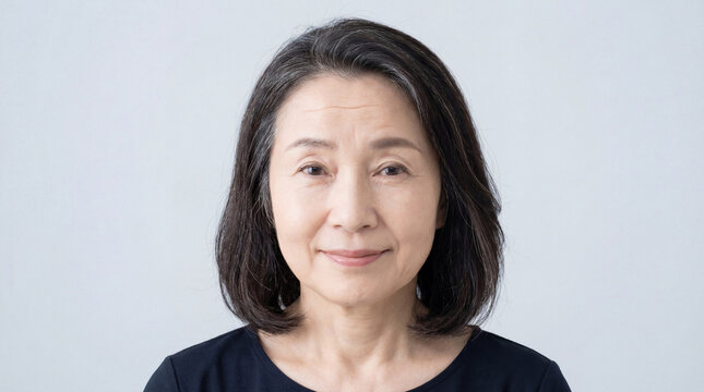 Asian senior woman displays confidence and joy in body positivity portrait against a simple background