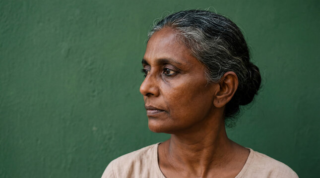 Portrait of Indian senior woman embracing body positivity with confidence against a green backdrop