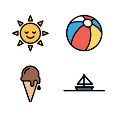 Classic Summer Fun Icons: Sun, Beach Ball, Ice Cream, and Sailboat