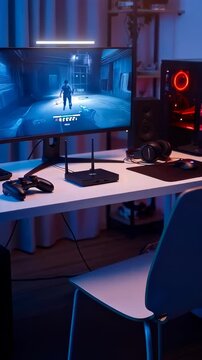 An Engaging Gaming Setup Featuring a Sleek Monitor Displaying Action-Packed Gameplay, Complete with Headphones and Controllers for an Immersive Experience