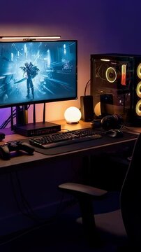 A Stunning Gaming Setup Showcasing a Dual-Monitor Display with Vibrant RGB Lighting, Featuring a Powerful Gaming PC and Modern Accessories for Ultimate Immersion