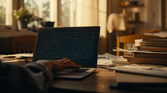 A Focused Engagement with Code: A Person&rsquo;s Hand Interacting with a Laptop Displaying Complex Data Against the Backdrop of a Well-Lit Room Filled with Books