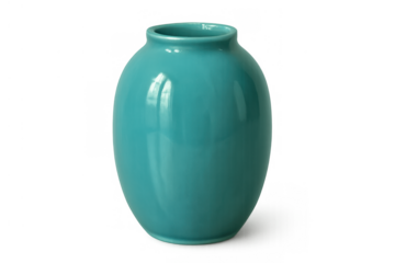 Teal ceramic vase with glossy finish creating decorative accent for home interior design, elegant empty pottery container on transparent background