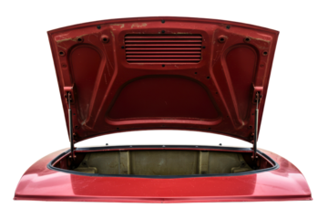Rear view of generic red car with open trunk and empty cargo space on a transparent background