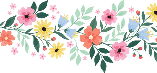 Horizontal floral illustration, pink flowers, yellow blossoms, green leaves, botanical design, decorative pattern, vibrant colors, stationery, textile, spring, nature