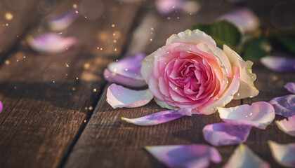 Pink Flowers on Wooden Table with Scattered Petals — Delicate Floral Flat Lay Photography