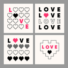 Set of modern love poster covers, cards with heart symbols and bold typography, for romantic cards, Valentine's Day designs, fashion prints, social media posts, and web banners. Vector illustration