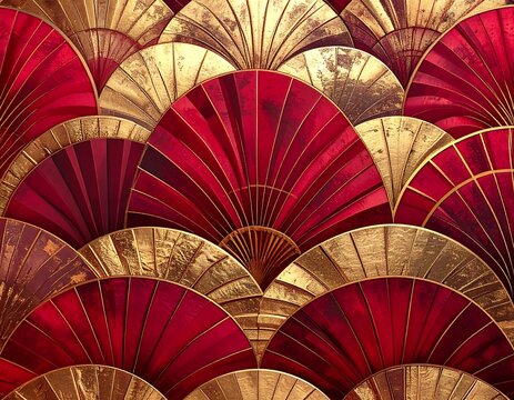 Elegant, textured pattern of red and gold semicircles evoking Art Deco aesthetics in an overlapping, scalloped arrangement