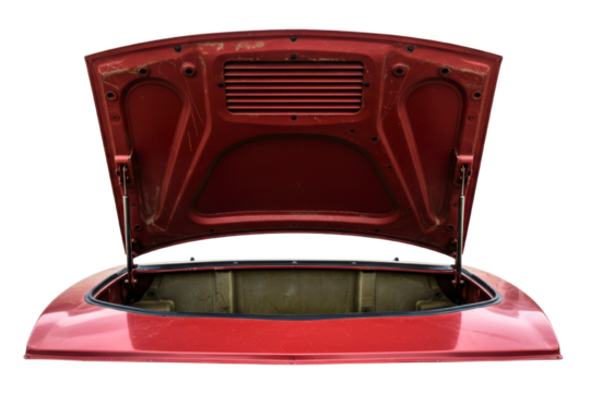 Rear view of generic red car with open trunk and empty cargo space on a transparent background