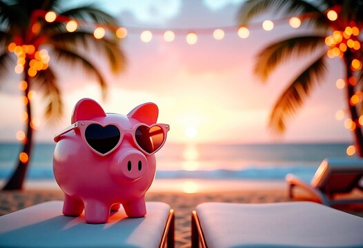 Close up of pink piggy bank with sunglasses and hat, sunny day at summer or winter vacation, at sea beach or pool background. saving money concept.