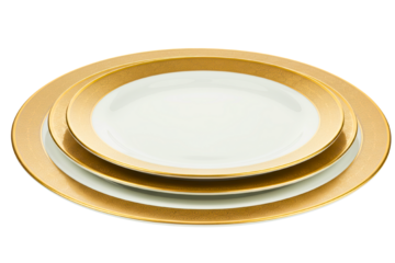 Stack of white porcelain dinner plates with elegant gold rim on a transparent background