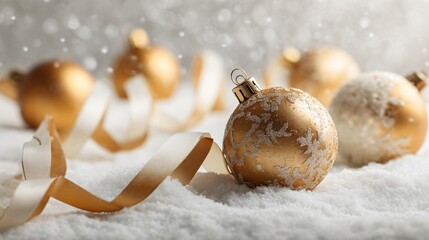 Golden ornaments and pearl-white ribbons scattered across a snowy textured backdrop, elegant spacing with bottom copy space