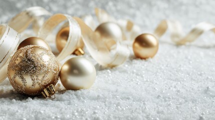 Golden ornaments and pearl-white ribbons scattered across a snowy textured backdrop, elegant spacing with bottom copy space
