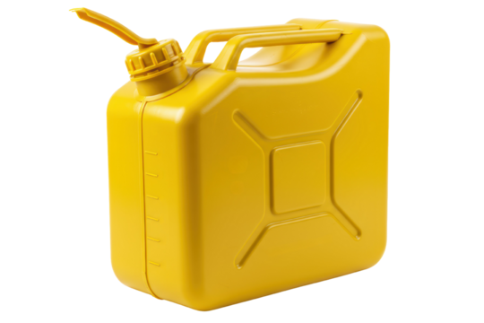 Yellow plastic fuel container with pouring spout attached on a transparent background