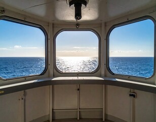 Fototapeta premium Stunning expansive ocean view from a boat cabin at sea with bright sunlight reflecting on the water