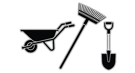 Gardening tools wheelbarrow rake and shovel equipment vector image