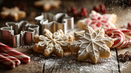 Holiday cookie cutters, flour dust, and candy canes arranged on rustic wood, warm tones with top-center copy space