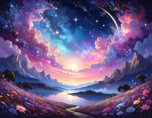 Serene celestial landscape with vibrant clouds, mountains, and floral meadows