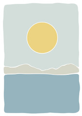 Hand draw sunrise on beach lanscape panorama. Beach and mountains organic lines matisse style, naive art, contemporary backgrounds vector illustration