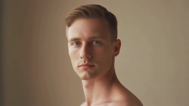 Minimalist studio portrait of a handsome young man with a direct, serious gaze, embodying quiet confidence and vulnerability