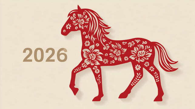 Bold red backgrounds featuring stylized horses and glowing “2026” lettering for Lunar New Year celebrations.