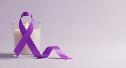 Purple awareness ribbon and lit candle on lilac background for epilepsy or lupus concept with copy space