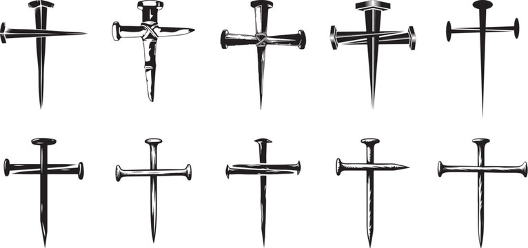 Christian cross design made of two large hand-forged iron nails vector silhouette collection, cross symbol, vector line drawing.