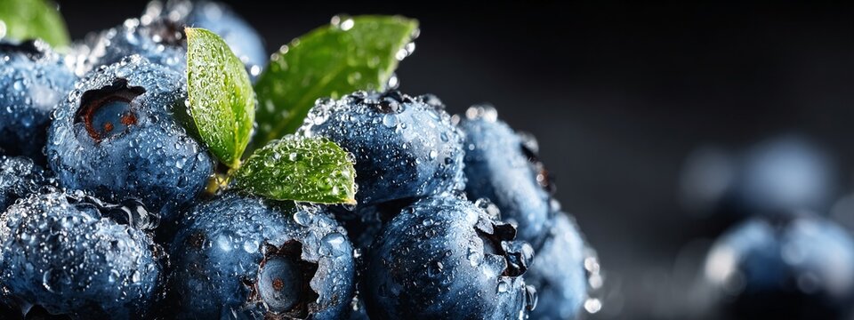 a close-up of a bunch of blueberries with ice and green leaves