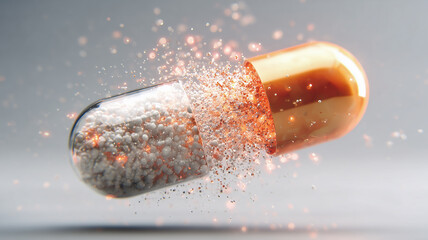 Exploding Supplement Capsule with White Microbeads and Orange Particles. Dynamic 3D illustration of a supplement capsule bursting open, releasing white microbeads and glowing orange particles.