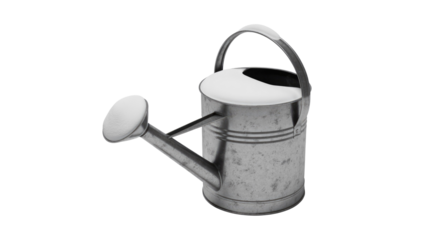 A weathered galvanized metal watering can, partially covered in snow or frost, featuring a white handle grip and a textured surface. Perfect for winter gardening themes. background removed