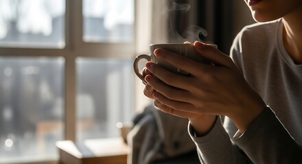Cozy hands holding a warm mug of steaming beverage by a sunlit window