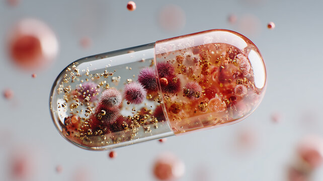 Probiotic Supplement Capsule with Pink and Gold Microbial Spheres. Detailed 3D visualization of a transparent capsule containing pink and gold microscopic particles and organisms, symbolizing probioti - Powered by Adobe