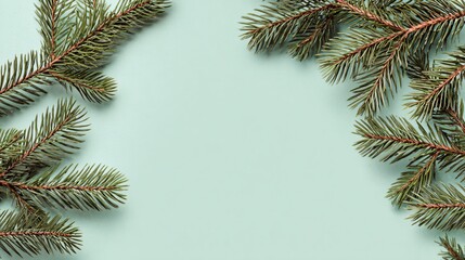 Minimalist fir branches outlining a frame on pale mint background, empty center for copy
