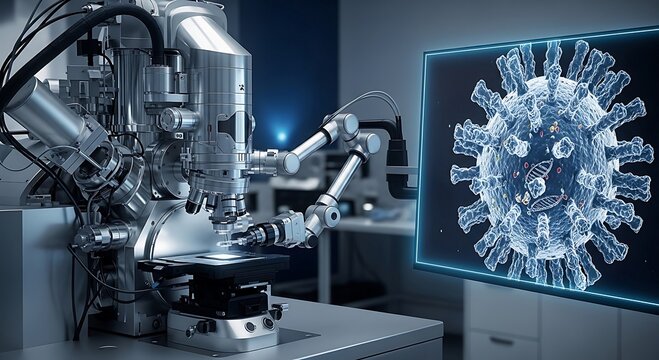 Advanced Microscope and Digital Display of Coronavirus in a Modern Laboratory Setting.