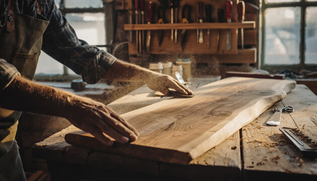 Craftsman sanding wood in a workshop. Handcrafted detail. Symbolizing skill, precision, and passion. Ideal for artisan, design, or craftsmanship content.