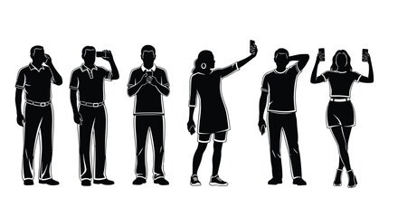 People using smartphones silhouette mobile phone communication vector
