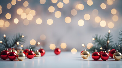 Obraz premium Red and Gold Christmas Ornaments with Pine Branches and Warm Bokeh Lights