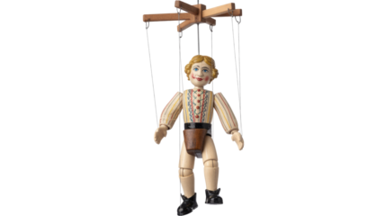 A classic wooden marionette with painted face, blond hair, and striped clothing, controlled by strings and a wooden crossbar. background removed