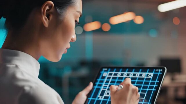 Asian female architect in focused mood drawing blueprint plan on digital tablet
