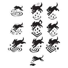Obraz premium Angry dog silhouettes leaping over stars, vortexes, and symbols